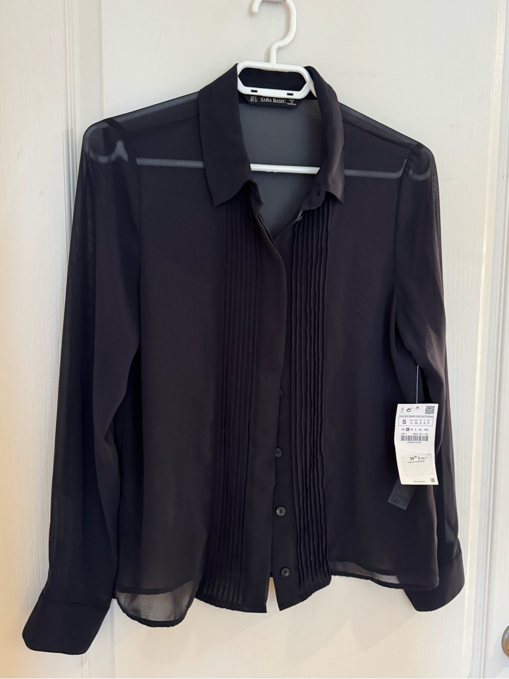 Zara Black Semi-Sheer Pleated Front Button-Down Shirt